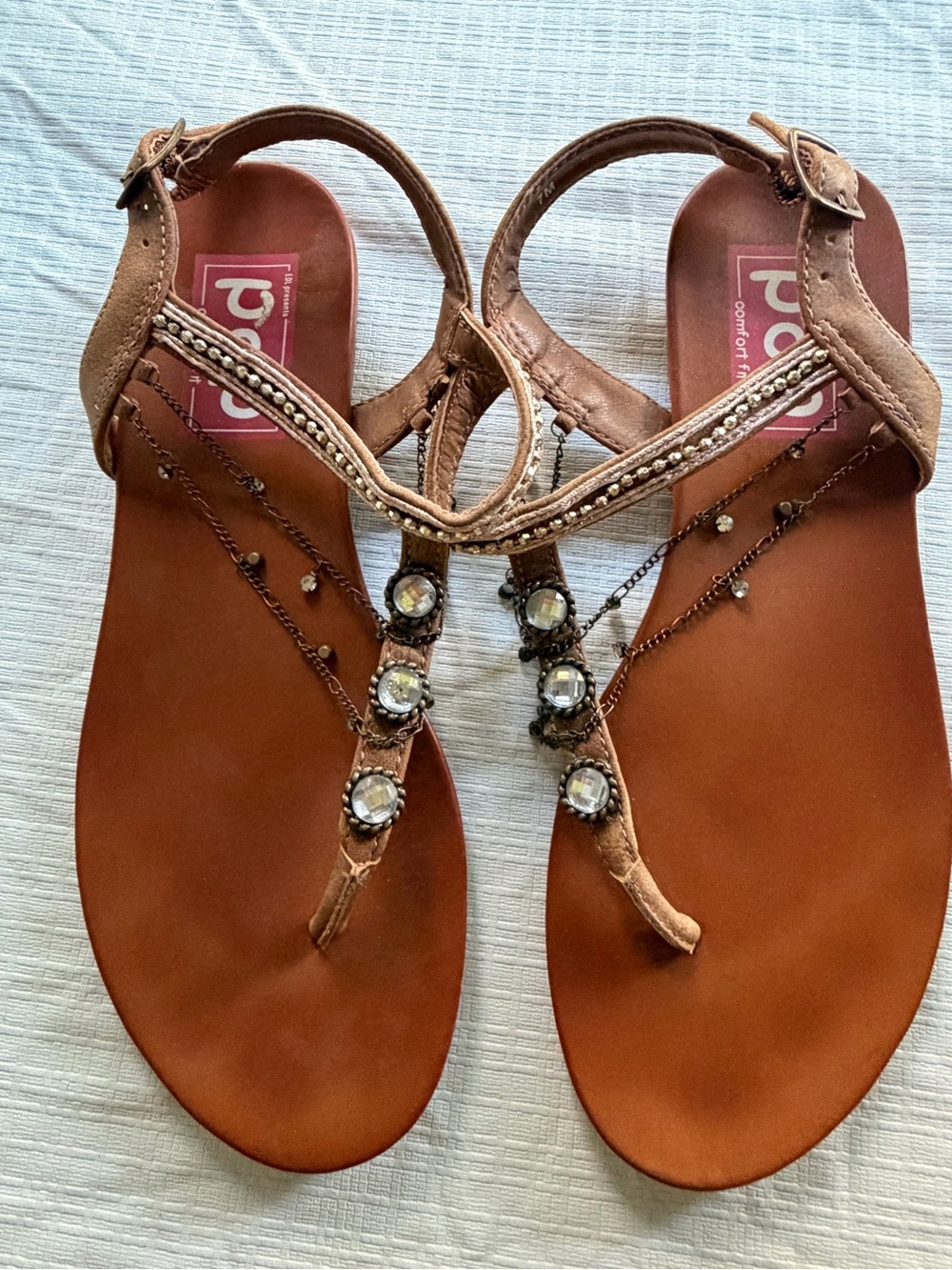 POL Brown Jeweled T-Strap Sandals with Chain Accents